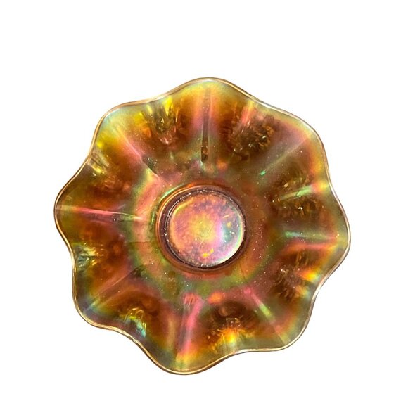 Vintage Carnival Glass Ruffled Bowl Amber Iridescent Finish 7 inches Diameter - Picture 1 of 4